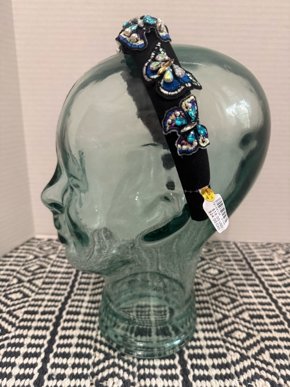 Urban Outfitters Jewel & Pearl Butterfly Appliqué Handmade Black Velvet Headband